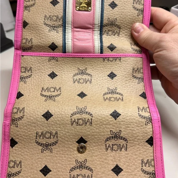 MCM Beige Visetos Wallet with Pink Trim and Navy Stripe - Picture 4 of 6